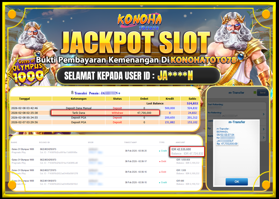 KONOHATOTO78 JACKPOT GATES OF OLYMPUS 1000 Rp.47.700.000,LUNAS